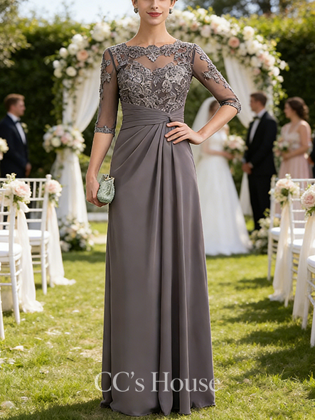 New Arrival A-line Graceful Scoop Illusion Floor-Length Chiffon Lace Mother of the Bride Dress With Pleated Sequins Beading