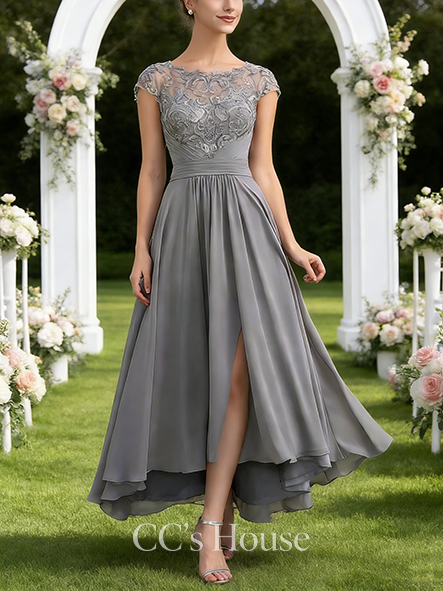 Black Tie Event A-line Graceful Scoop Illusion Asymmetrical Lace Chiffon Mother of the Bride Dress With Pleated