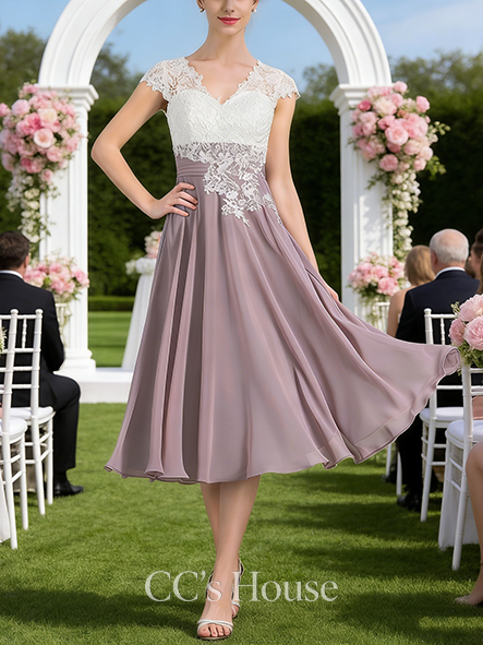 A-line Graceful V-Neck Tea-Length Lace Chiffon Mother of the Bride Dress With Sequins