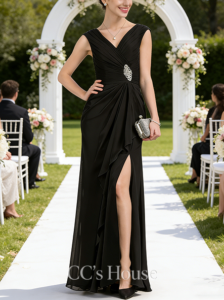 Grandmother A-line Graceful V-Neck Floor-Length Chiffon Mother of the Bride Dress With Cascading Ruffles Crystal Brooch