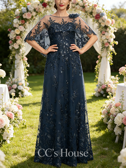 New Arrival A-line Elegant Illusion Boat Neck Floor-Length Sequin Lace Mother of the Bride Dress With Cape 3D Floral