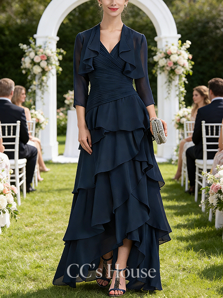 New Arrival A-line Graceful V-Neck Asymmetrical Chiffon Mother of the Bride Dress With Sequins Beading