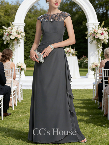 A-line Graceful Scoop Floor-Length Chiffon Mother of the Bride Dress With Cascading Ruffles Sequins Beading