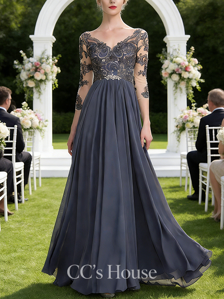 A-line Graceful V-Neck Floor-Length Chiffon Lace Mother of the Bride Dress With Beading Sequins Cascading Ruffles