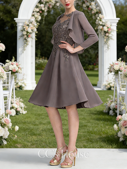 Fall A-line Graceful Scoop Illusion Knee-Length Lace Chiffon Mother of the Bride Dress With Sequins