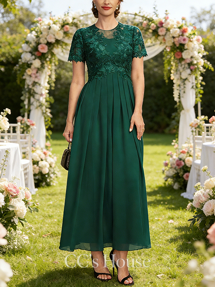 A-line Elegant Scoop Ankle-Length Lace Chiffon Mother of the Bride Dress With Pleated