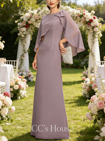 New Arrival A-line Elegant Boat Neck Floor-Length Chiffon Mother of the Bride Dress With Beading Cape Sequins Pleated Bow