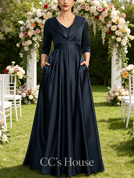 A-line Elegant V-Neck Floor-Length Satin Mother of the Bride Dress With Beading Sequins