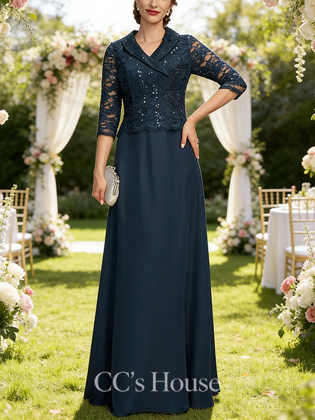 A-line Elegant Collared V-Neck Floor-Length Lace Chiffon Mother of the Bride Dress With Sequins