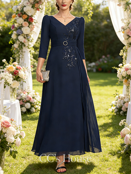 New Arrival A-line Elegant V-Neck Ankle-Length Lace Chiffon Mother of the Bride Dress With Pleated Sequins