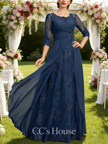 Black Tie Event A-line Elegant Square Floor-Length Lace Chiffon Mother of the Bride Dress With Pleated Sequins
