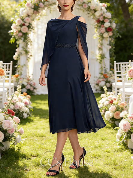 New Arrival A-line Elegant Asymmetrical Cold Shoulder Tea-Length Chiffon Mother of the Bride Dress With Beading Cape Pleated