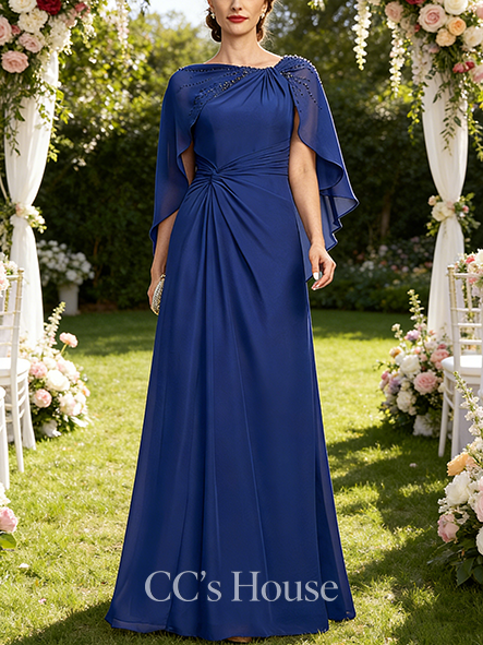 New Arrival A-line Elegant Asymmetrical Floor-Length Chiffon Mother of the Bride Dress With Beading Cape Pleated