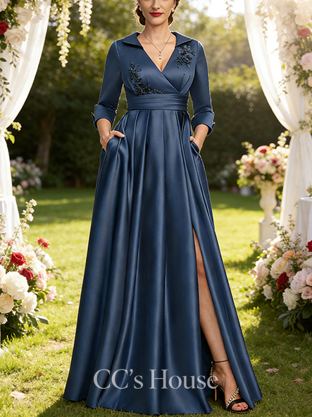 A-line Elegant V-Neck Collared Floor-Length Satin Mother of the Bride Dress With Beading 3D Floral Sequins Pleated