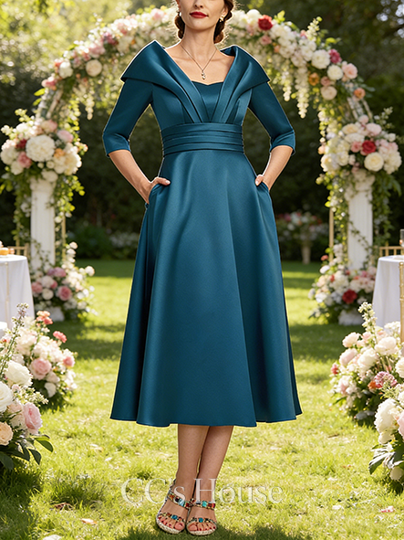 A-line Elegant Sweetheart Collared Tea-Length Satin Mother of the Bride Dress With Pleated