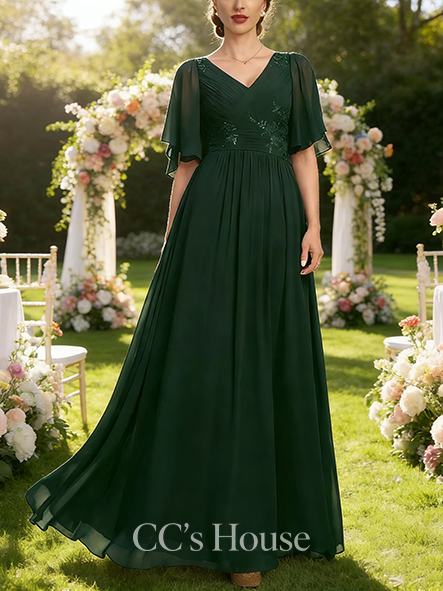 Black Tie Event A-line Elegant V-Neck Floor-Length Chiffon Mother of the Bride Dress With Pleated Sequins Appliques Lace