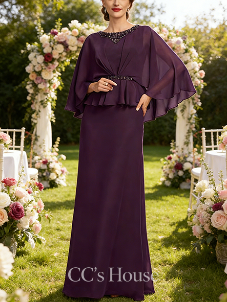 Black Tie Event A-line Elegant Scoop Floor-Length Chiffon Mother of the Bride Dress With Beading Cape Sequins Pleated
