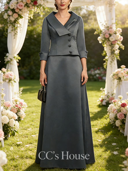A-line Elegant Separates V-Neck Collared Floor-Length Satin Mother of the Bride Dress
