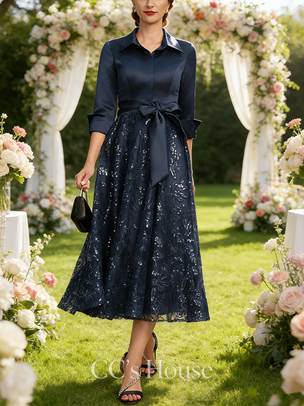 Black Tie Event A-line Elegant Collared V-Neck Tea-Length Satin Lace Sequin Mother of the Bride Dress With Bow