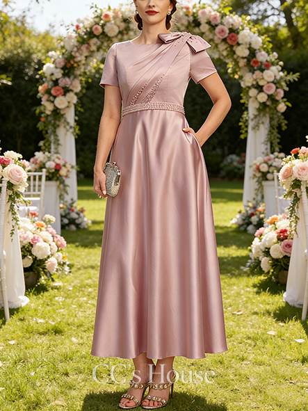 Fall A-line Elegant Boat Neck Ankle-Length Satin Mother of the Bride Dress With Bow Pleated Beading