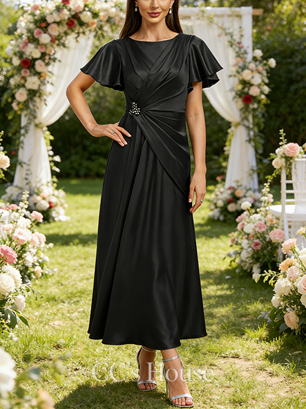 A-line Elegant Scoop Ankle-Length Matte Satin Mother of the Bride Dress With Beading Pleated A-line Elegant Scoop Ankle-Length Matte Satin Mother of the Bride Dress With Beading Pleated