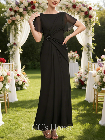 A-line Elegant Scoop Ankle-Length Mesh Mother of the Bride Dress With Pleated Beading