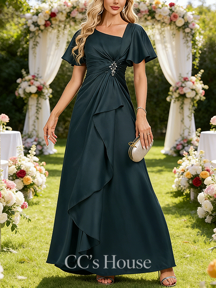 A-line Elegant Asymmetrical Floor-Length Matte Satin Mother of the Bride Dress With Beading Sequins Pleated