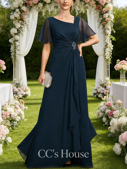 New Arrival A-line Elegant Asymmetrical Floor-Length Mesh Mother of the Bride Dress With Pleated Sequins Beading