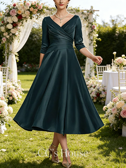 Black Tie Event A-line Elegant V-Neck Tea-Length Matte Satin Mother of the Bride Dress With Pleated