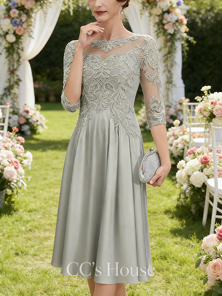 Black Tie Event A-line Elegant Illusion Scoop Tea-Length Lace Matte Satin Mother of the Bride Dress With Beading Sequins