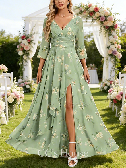 A-line Elegant V-Neck Floor-Length Chiffon Mother of the Bride Dress With Cascading Ruffles