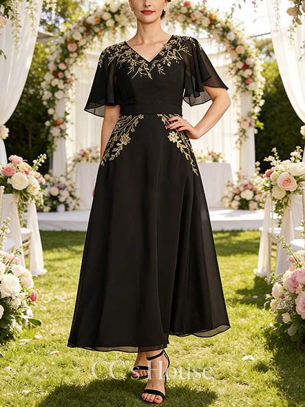 New Arrival A-line Elegant V-Neck Ankle-Length Chiffon Mother of the Bride Dress With Bow Sequins Appliques Lace