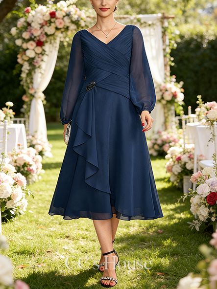 New Arrival A-line Elegant V-Neck Tea-Length Chiffon Mother of the Bride Dress With Cascading Ruffles Sequins Beading