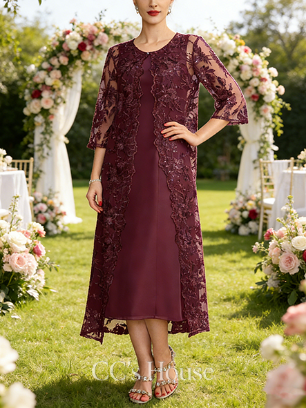 A-line Elegant Scoop Tea-Length Lace Chiffon Mother of the Bride Dress