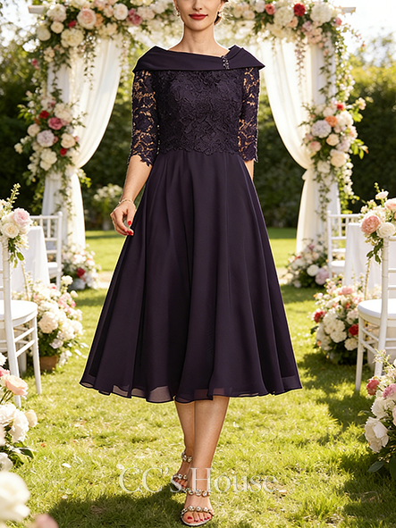 Fall A-line Elegant Asymmetrical Tea-Length Chiffon Lace Mother of the Bride Dress With Beading Sequins