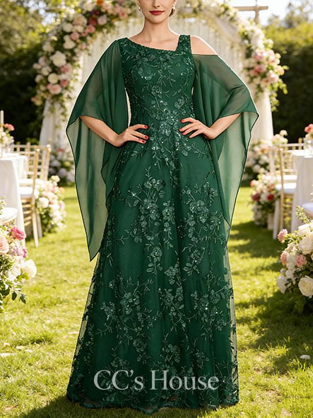 A-line Elegant Asymmetrical Cold Shoulder Floor-Length Lace Chiffon Mother of the Bride Dress With Sequins