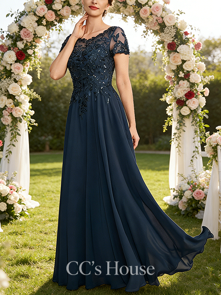 Fall A-line Elegant Scoop Illusion Floor-Length Lace Chiffon Mother of the Bride Dress With Sequins