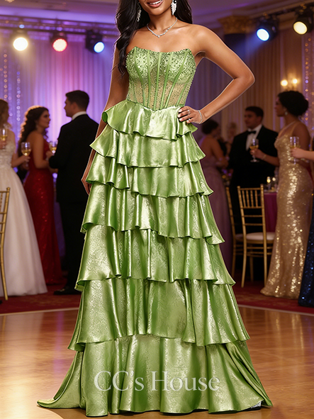 A-line Elegant Scoop Sweep Train Metallic Prom Dresses With Rhinestone Beading