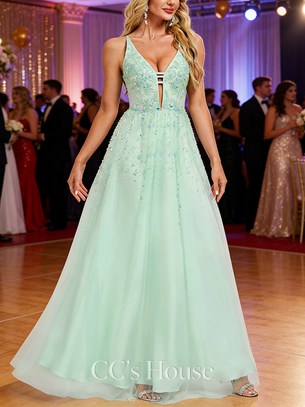 A-line Dreamy V-Neck Floor-Length Tulle Prom Dresses With Beading Sequins