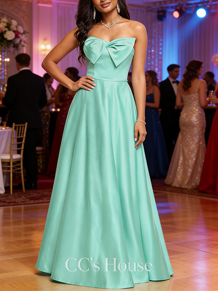 A-line Romantic Sweetheart Floor-Length Satin Prom Dresses With Bow