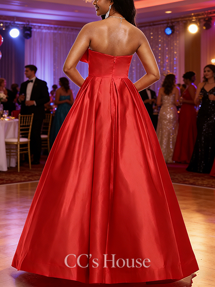 A-line Chic Asymmetrical Floor-Length Satin Prom Dresses With Bow