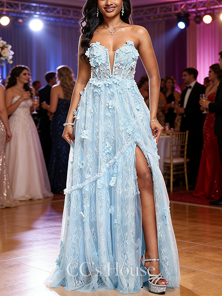 A-line Exquisite V-Neck Sweep Train Lace Prom Dresses With Beading 3D Floral Sequins