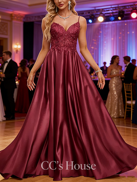 A-line Rhinestone-embellished V-Neck Sweep Train Satin Prom Dresses With Rhinestone