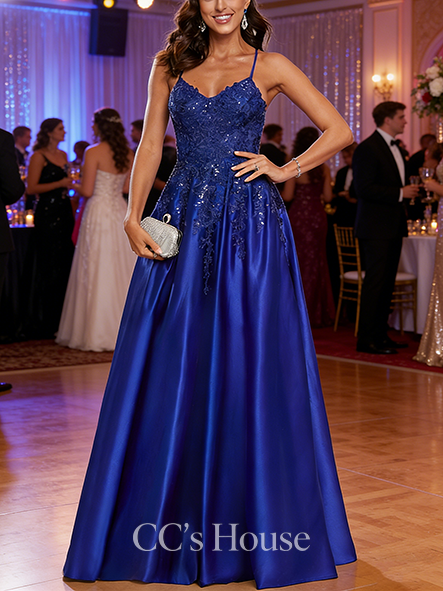 A-line Lace Satin V-Neck Floor-Length Satin Lace Prom Dresses With Sequins