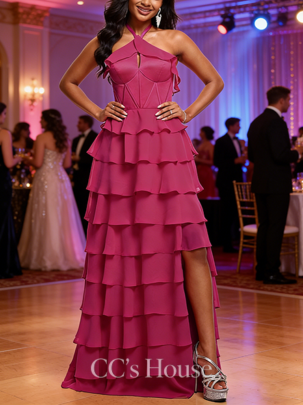 A-line Flowy Halter Floor-Length Chiffon Prom Dresses With Cascading Ruffles