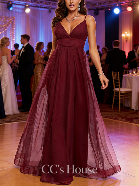 A-line Tulle V-Neck Floor-Length Tulle Prom Dresses