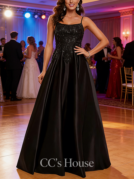 A-line Sequined Scoop Floor-Length Satin Prom Dresses With Sequins