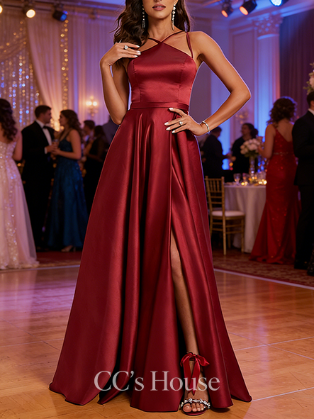 A-line Sleek Halter Floor-Length Satin Prom Dresses