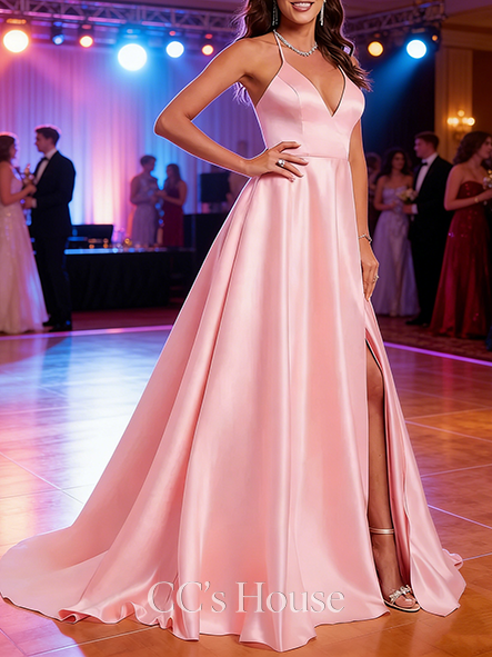 A-line Elegant V-Neck Sweep Train Satin Prom Dresses