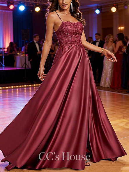 A-line Rhinestone-embellished Square Sweep Train Satin Prom Dresses With Rhinestone
